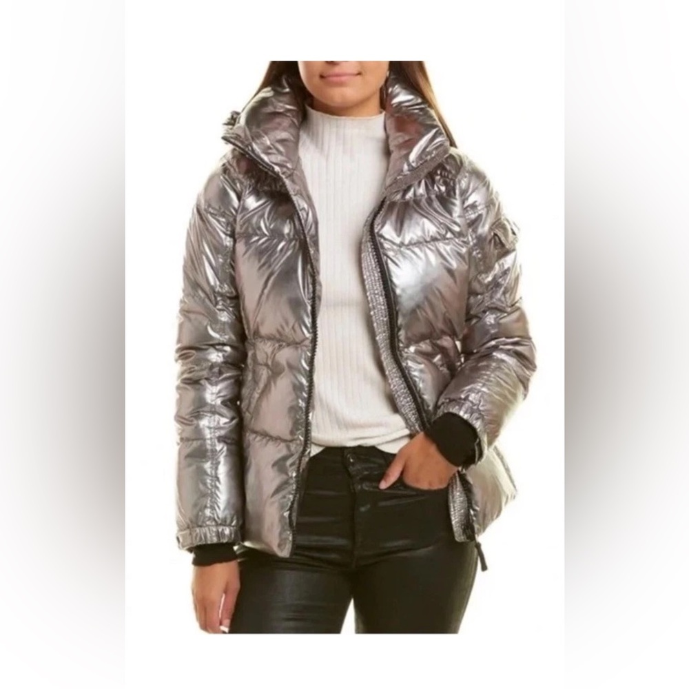 S13 Women Kylie Metallic Down Filled Coat XS Silver Gray Hooded Winter Jacket